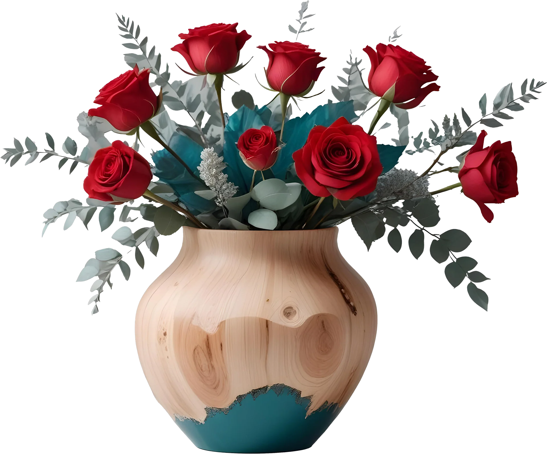 Rustic Teal and Wooden Vase with Red Roses PNG product image (1)