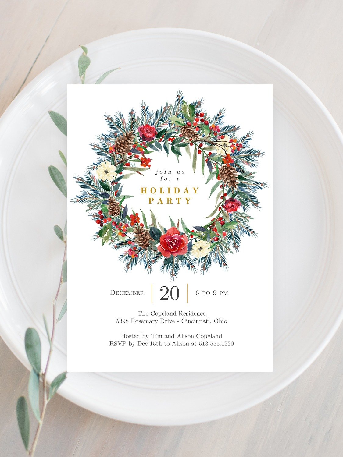 Festive Wreath Holiday Party Invitation Canva Template FWC product image (1)
