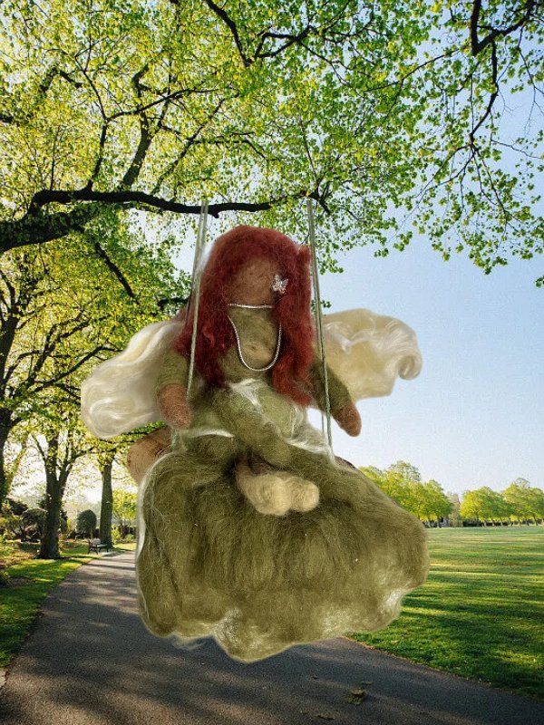 Hand-Felted Guardian Angel on Natural Wood Swing - Earthy Green Gown - Artisan Hanging Sculpture product image (1)