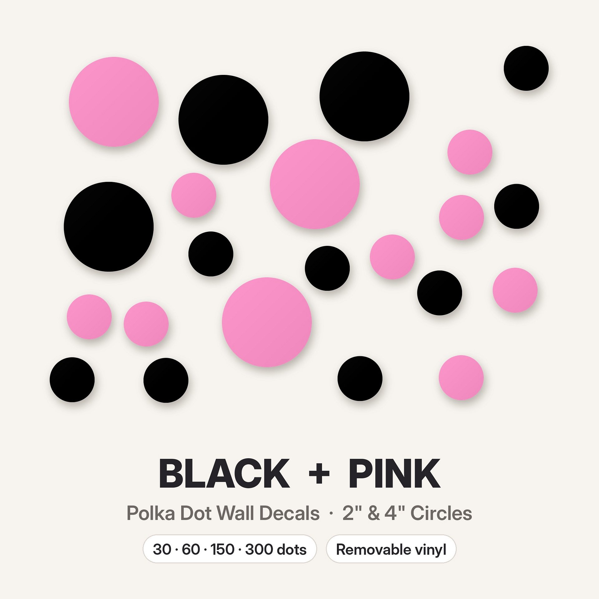 Black and Pink Polka Dot Wall Decals, 2" and 4" Vinyl Circle Stickers, Removable Dot Decals for Nursery, Kids Room, Playroom product image (3)