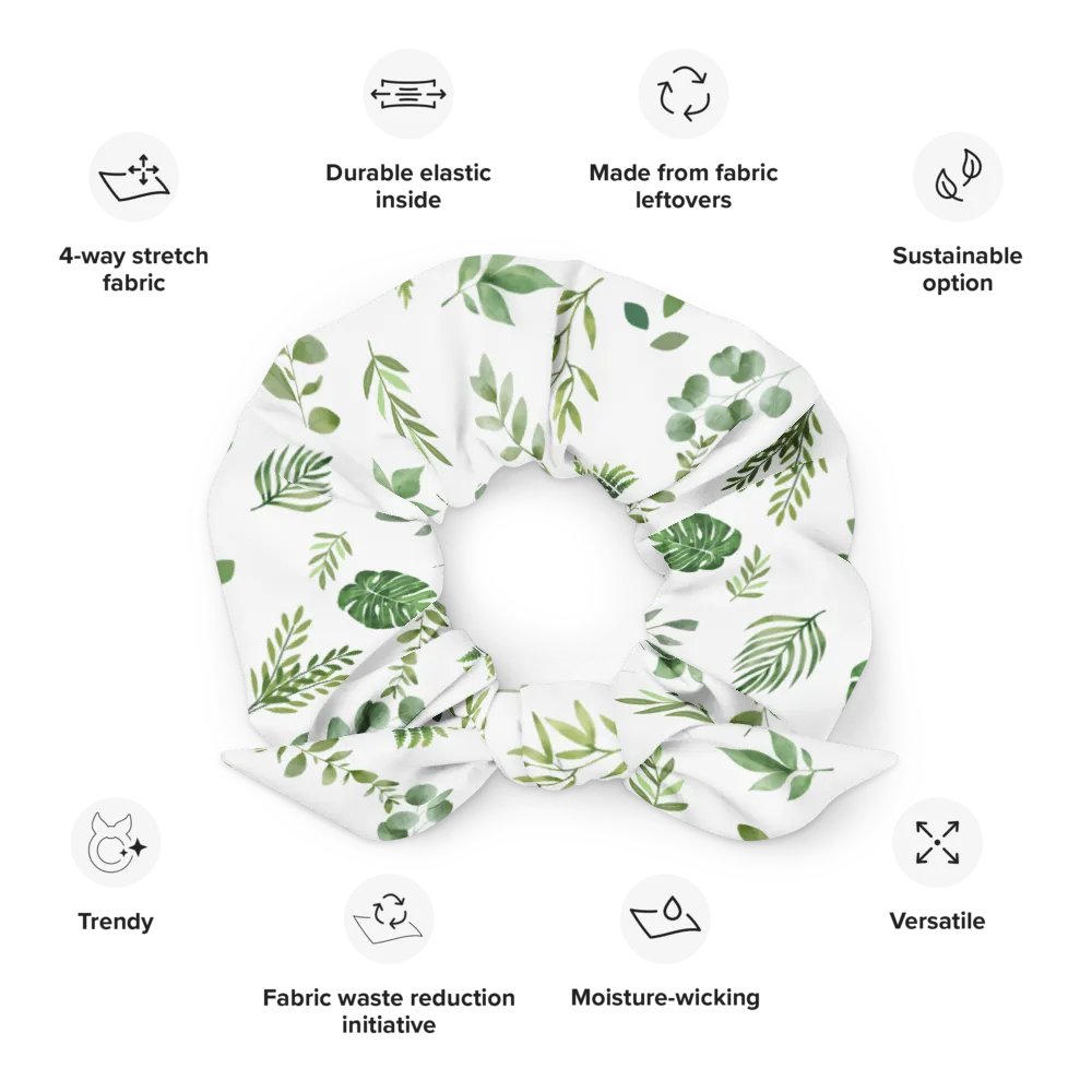 Green leaves pattern on white background Scrunchie with bow product image (5)