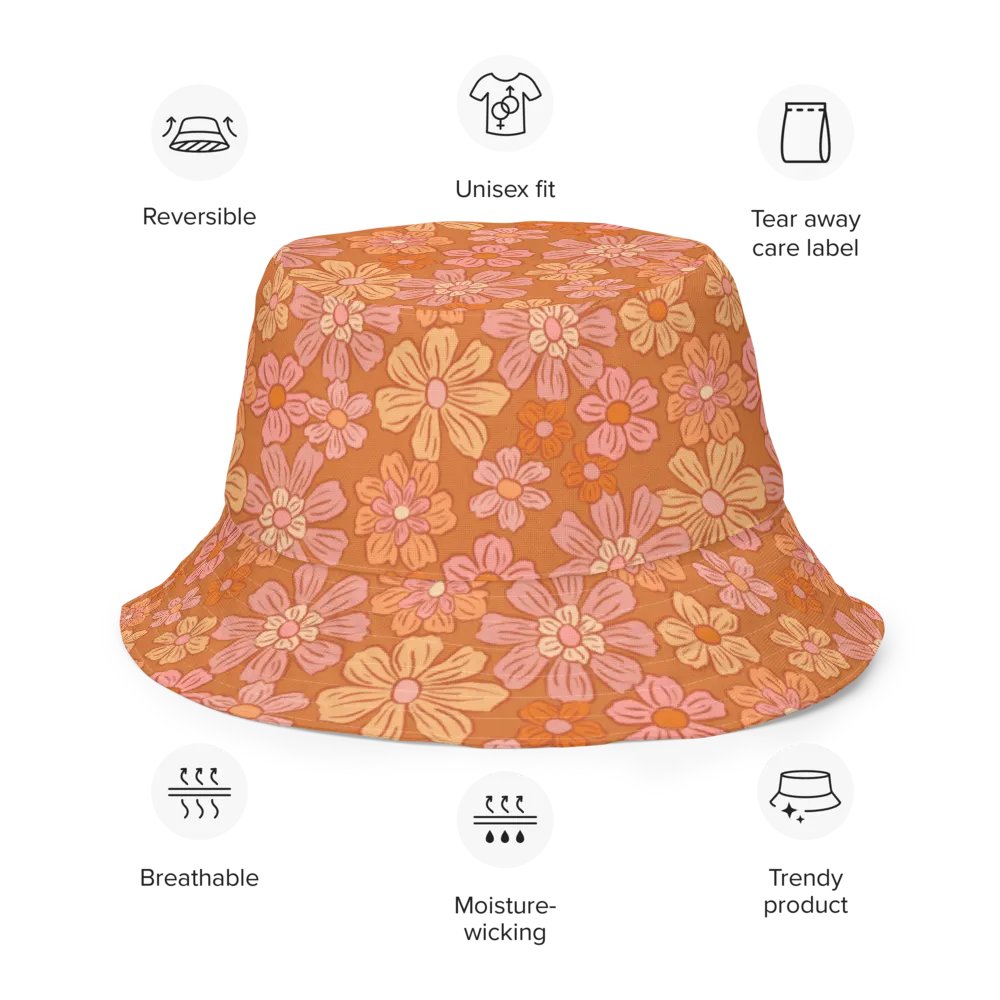 Retro Flowers Coral Reversible Bucket Hat product image (8)