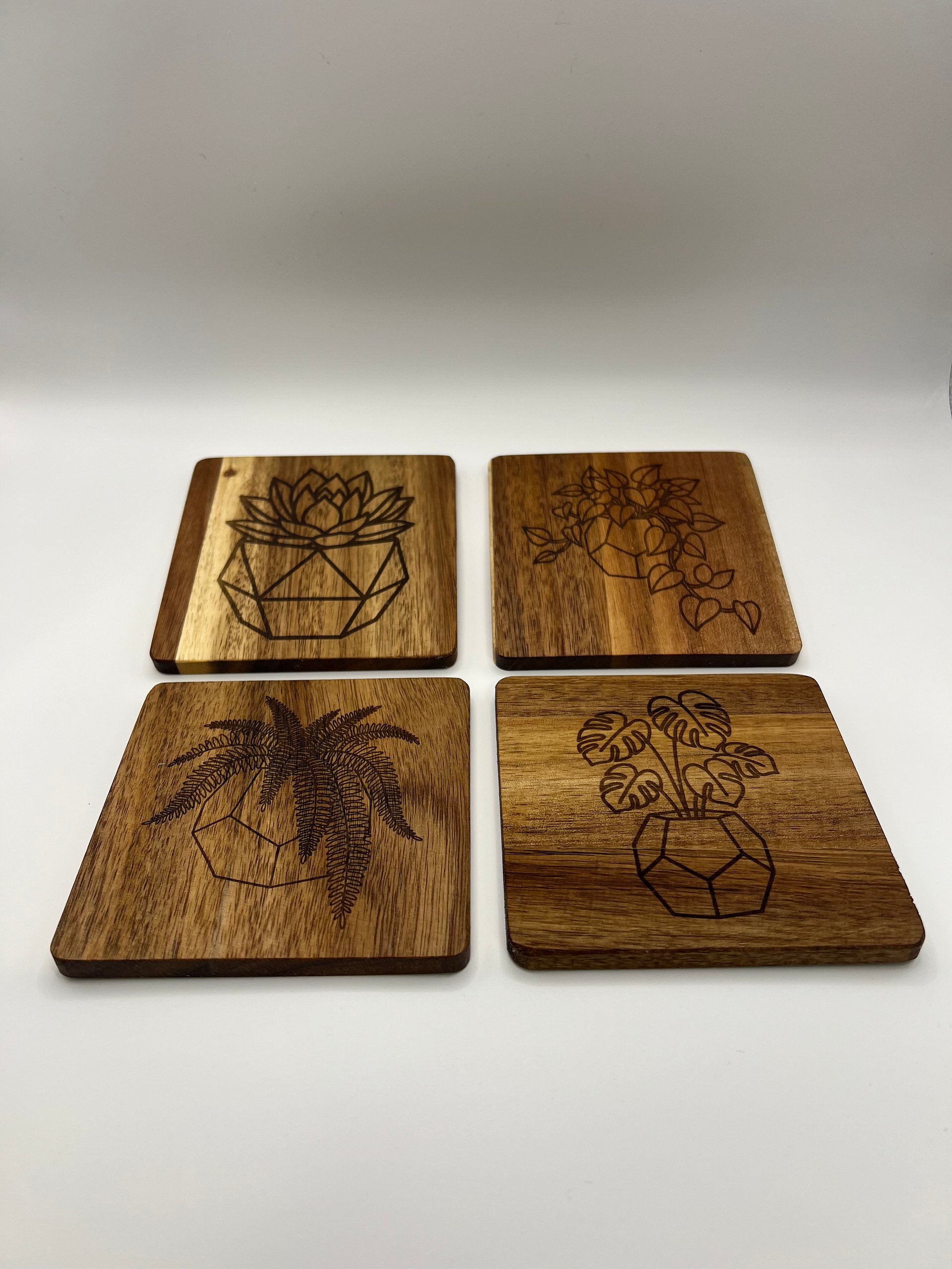 Solid Acacia "Botanical Series" Coasters – Set of 4 Engraved Designs product image (2)