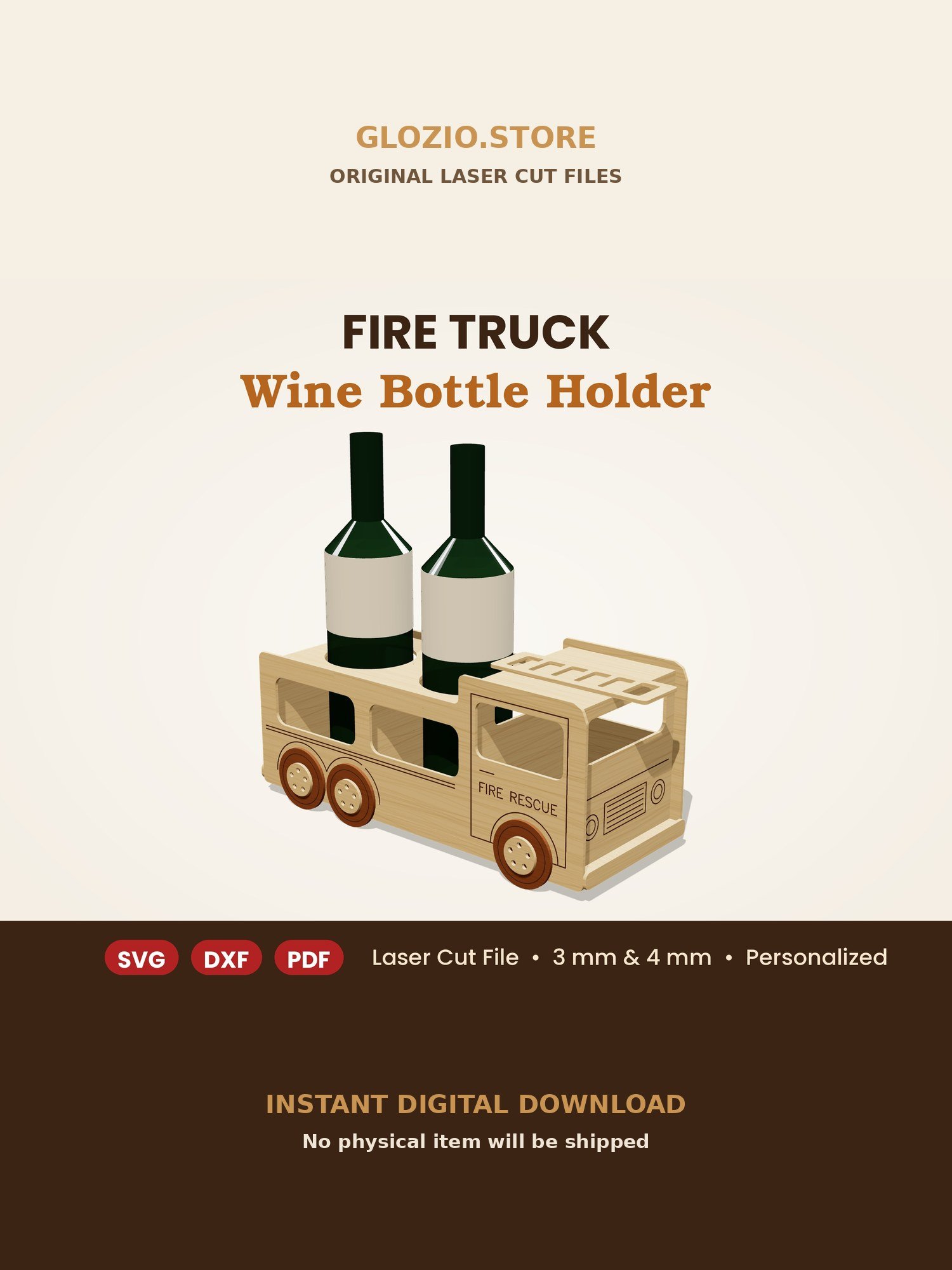 Fire Truck Wine Bottle Holder – Laser Cut File SVG DXF PDF (3 mm & 4 mm) product image (1)