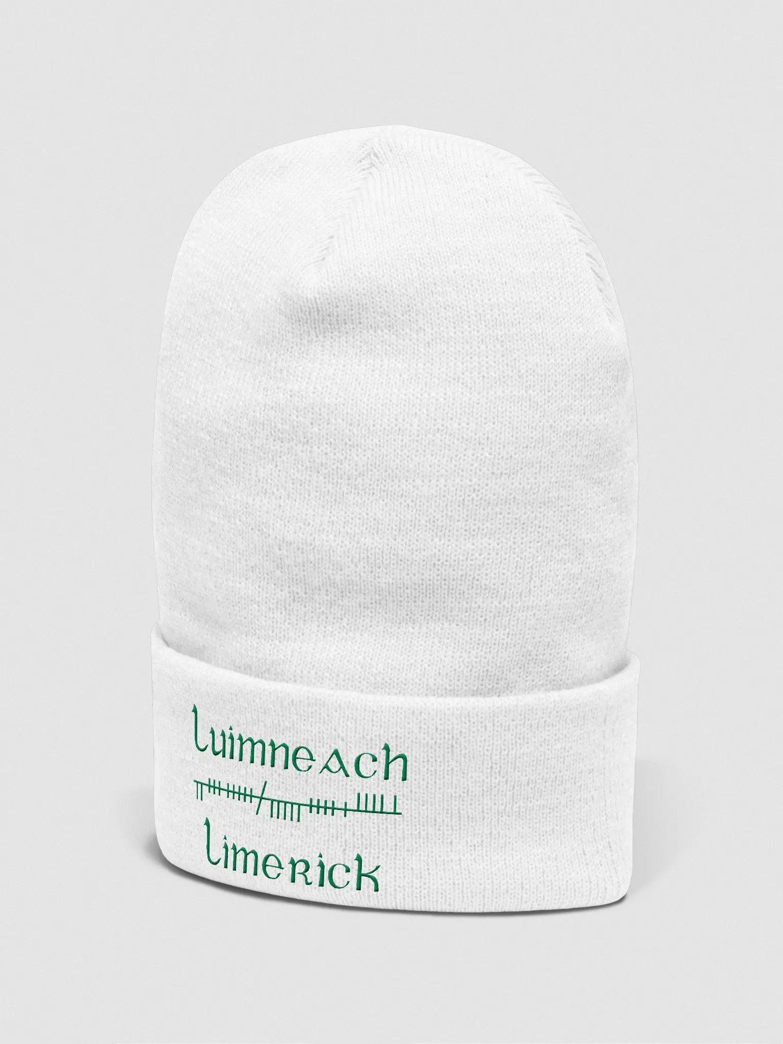 Limerick/Luimneach Orthodox Style Ogham, white with green, embroidered Cuffed Beanie product image (2)