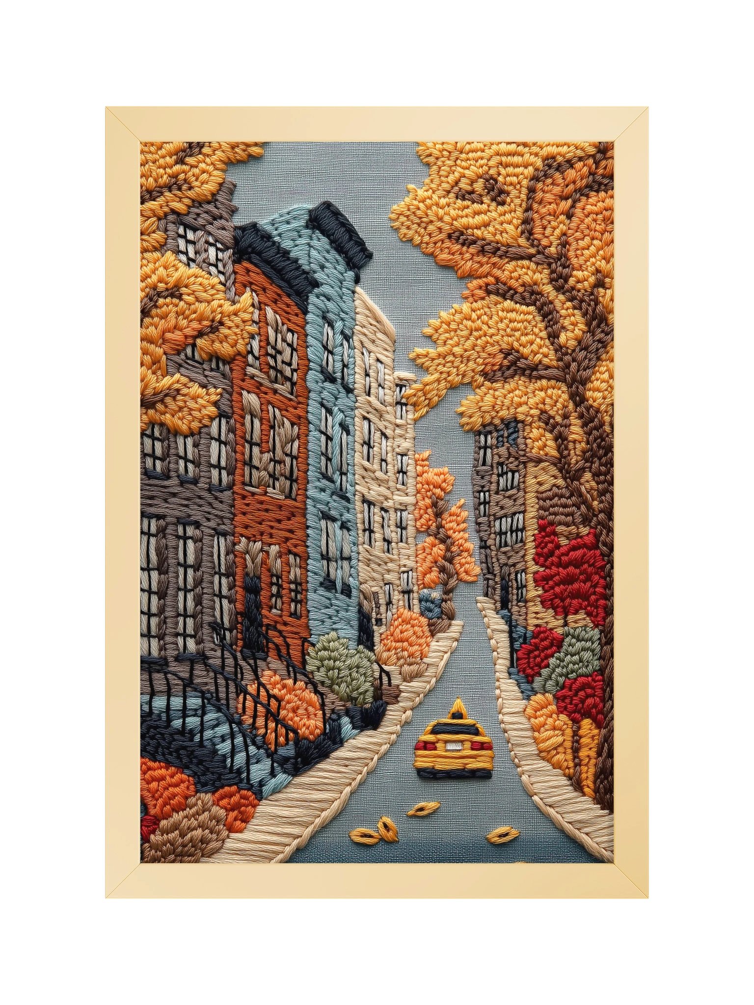 A Yellow Cab Through Autumn | Embroidery-Style Wall Art — Framed Print product image (5)