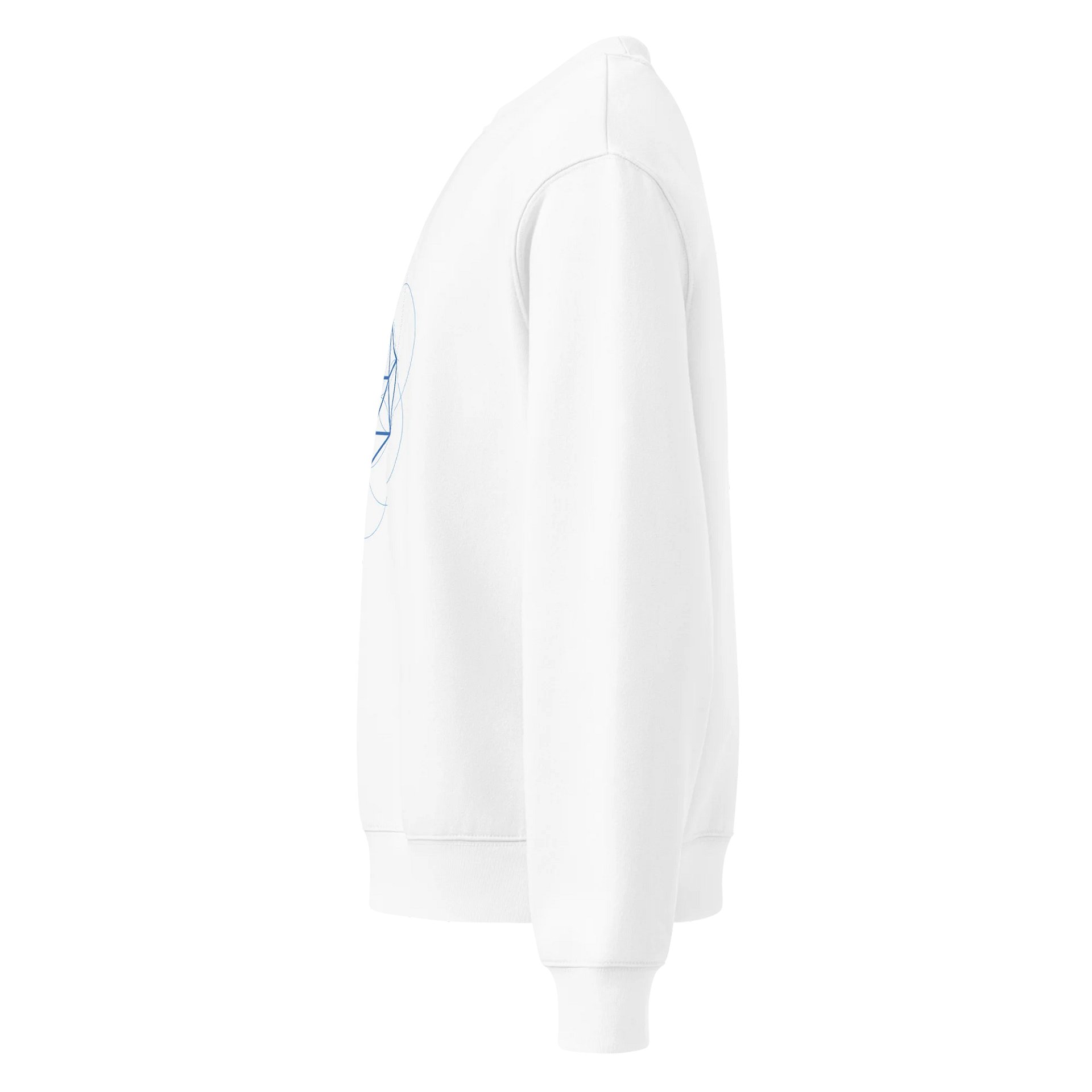 White Sweater – Blue Icosahedron (Centered Front & Upper Back Print) product image (3)