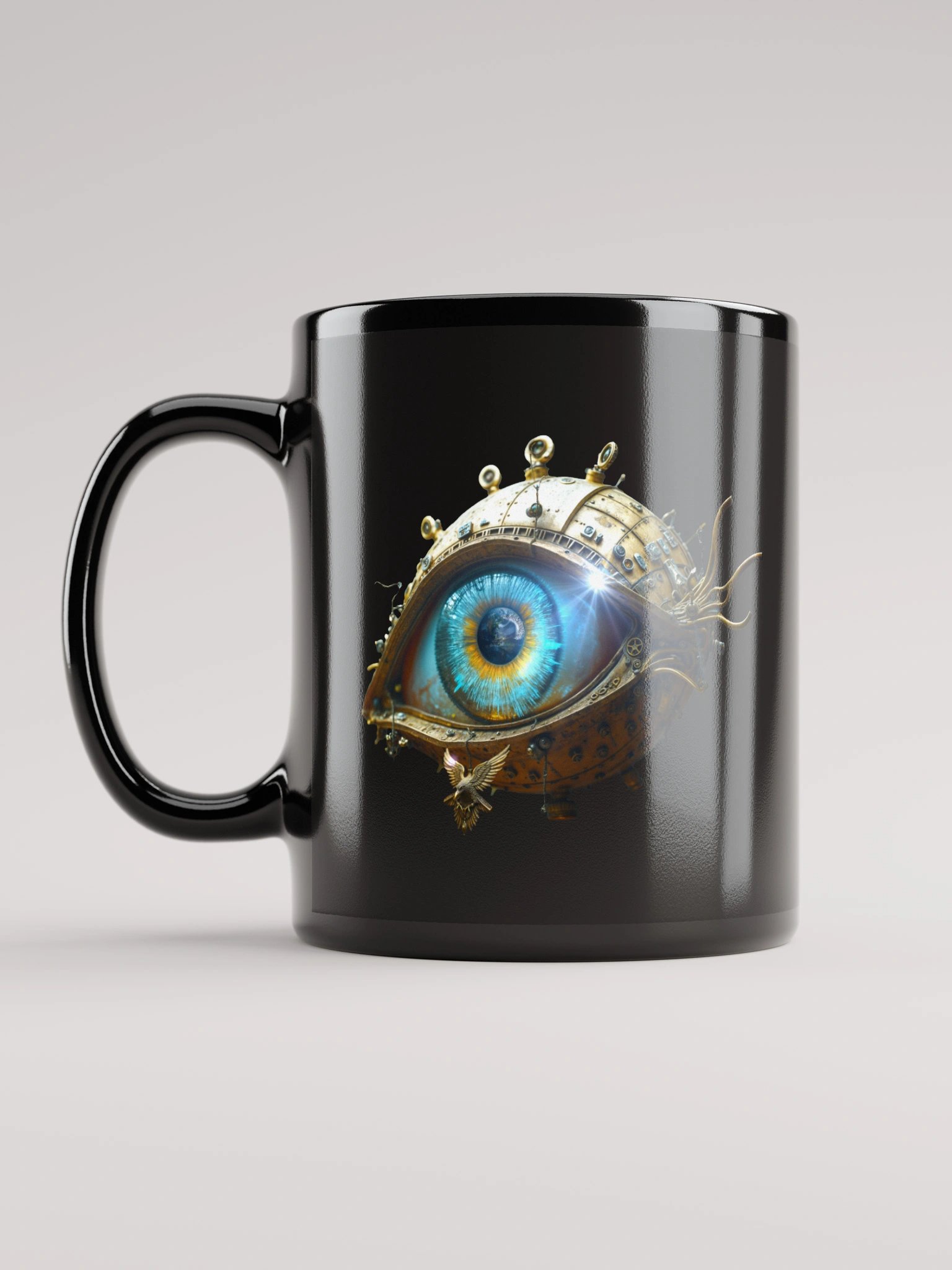 “Wake Up” black glossy mug – cinematic eye artwork from Seven Shades of Nothing product image (11)