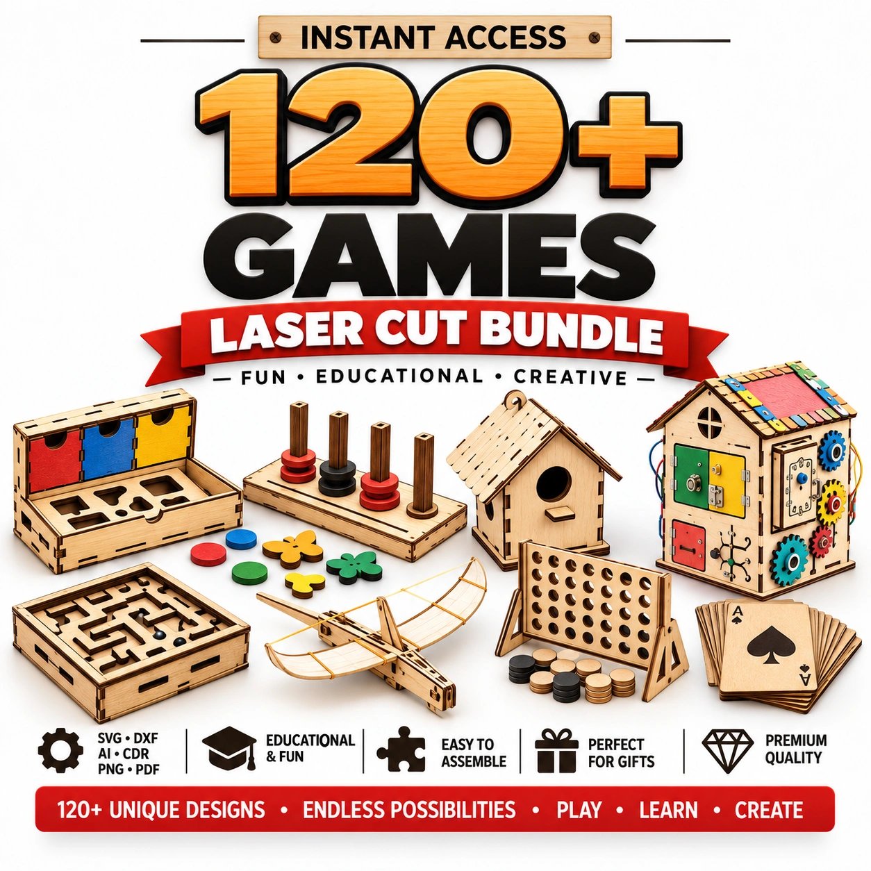 120+ Laser Cut Games & Wooden Toy Bundle | Puzzle, Board Game & Chess SVG DXF Files product image (1)