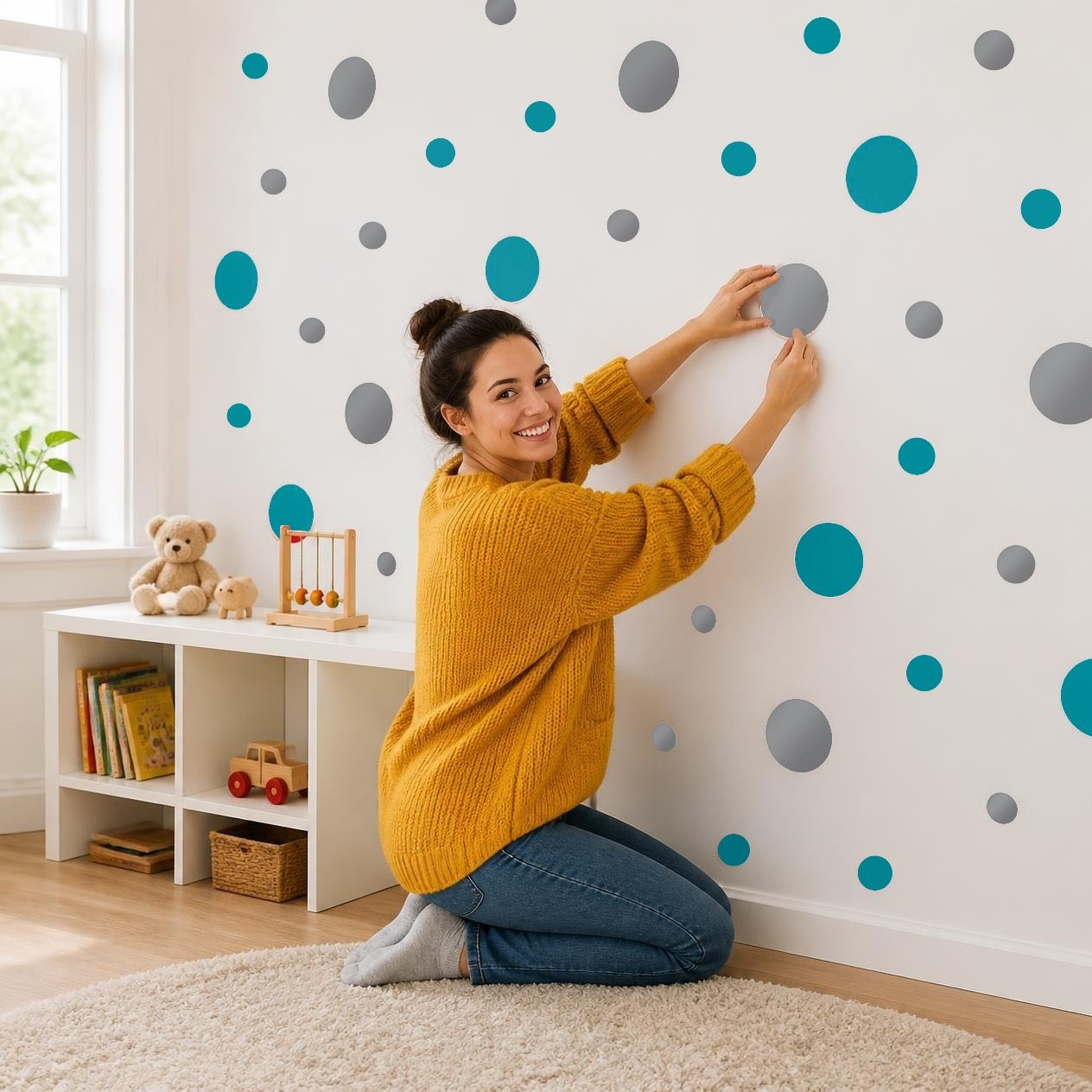 Metallic Silver and Turquoise Polka Dot Wall Decals, 2" and 4" Vinyl Circle Stickers, Removable Dot Decals for Nursery, Kids Room, Playroom product image (2)