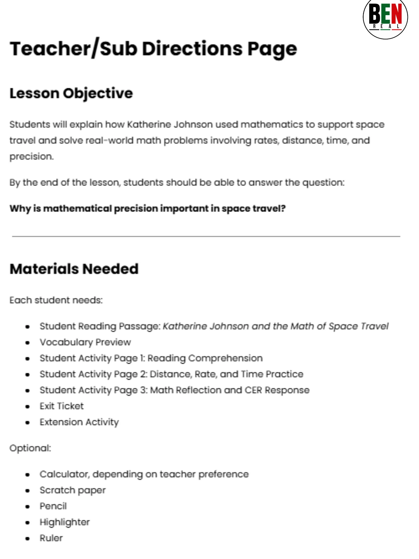Black History 365 Sub Plan: Katherine Johnson and the Math of Space Travel | Middle School Math| 60-Minute Lesson product image (2)