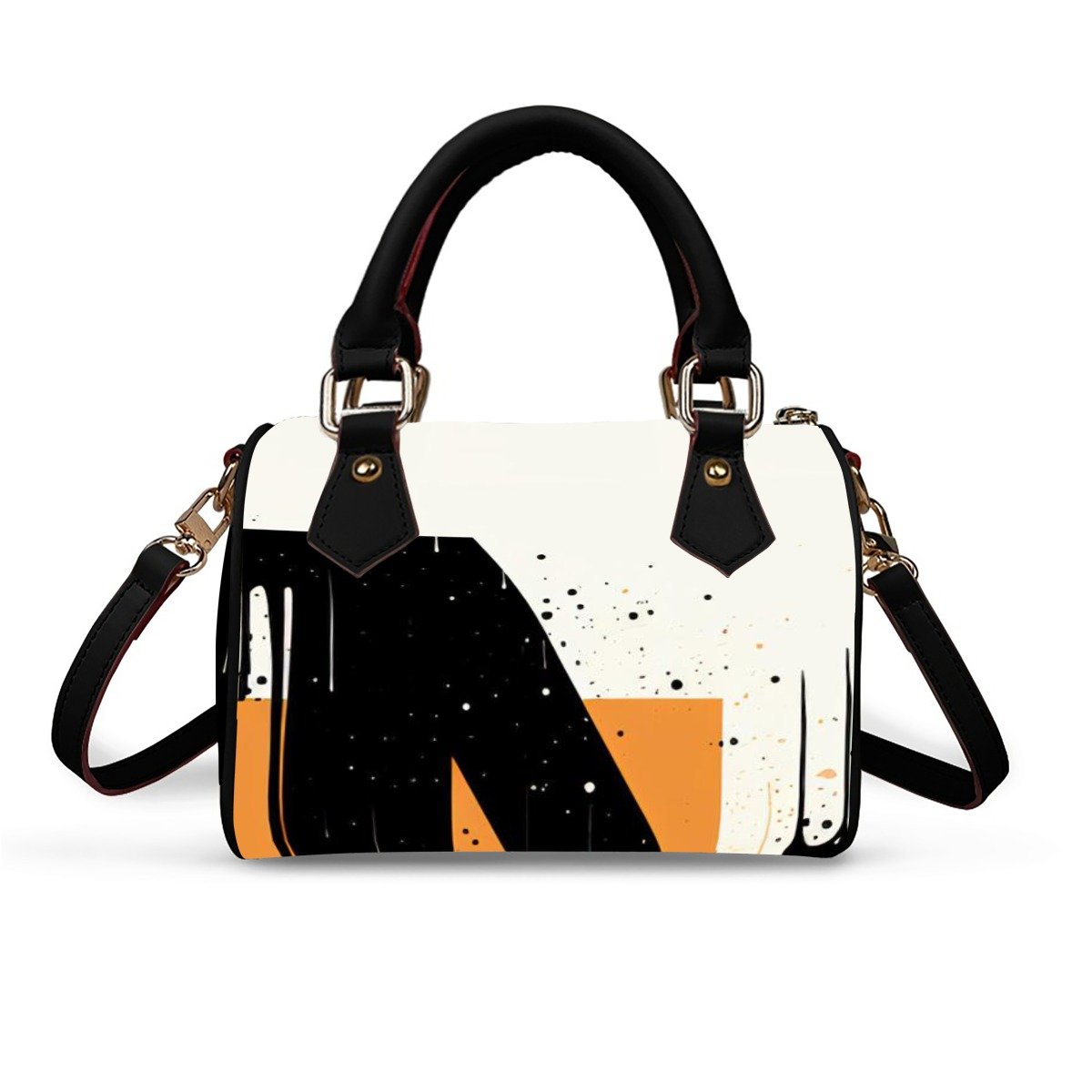 Abstract Art Barrel Bag – Black & Orange Geometric Paint Splash Mini Handbag with Crossbody Strap product image (2)