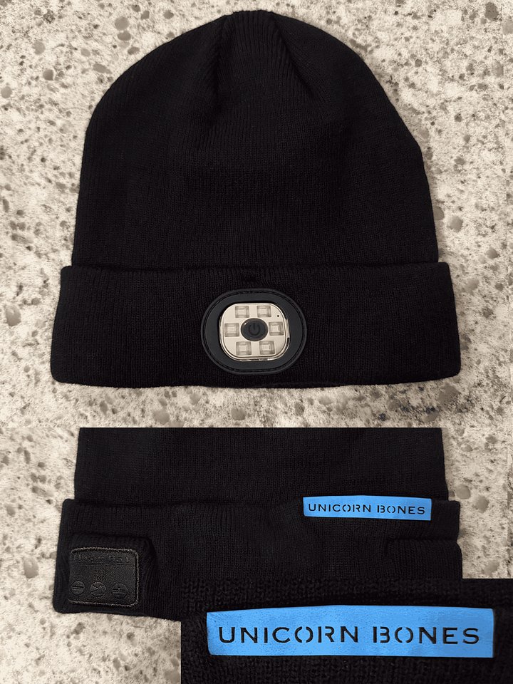 Glow-In-The-Dark Blue, LED Headlight Toque w/ Bluetooth Headset product image (2)
