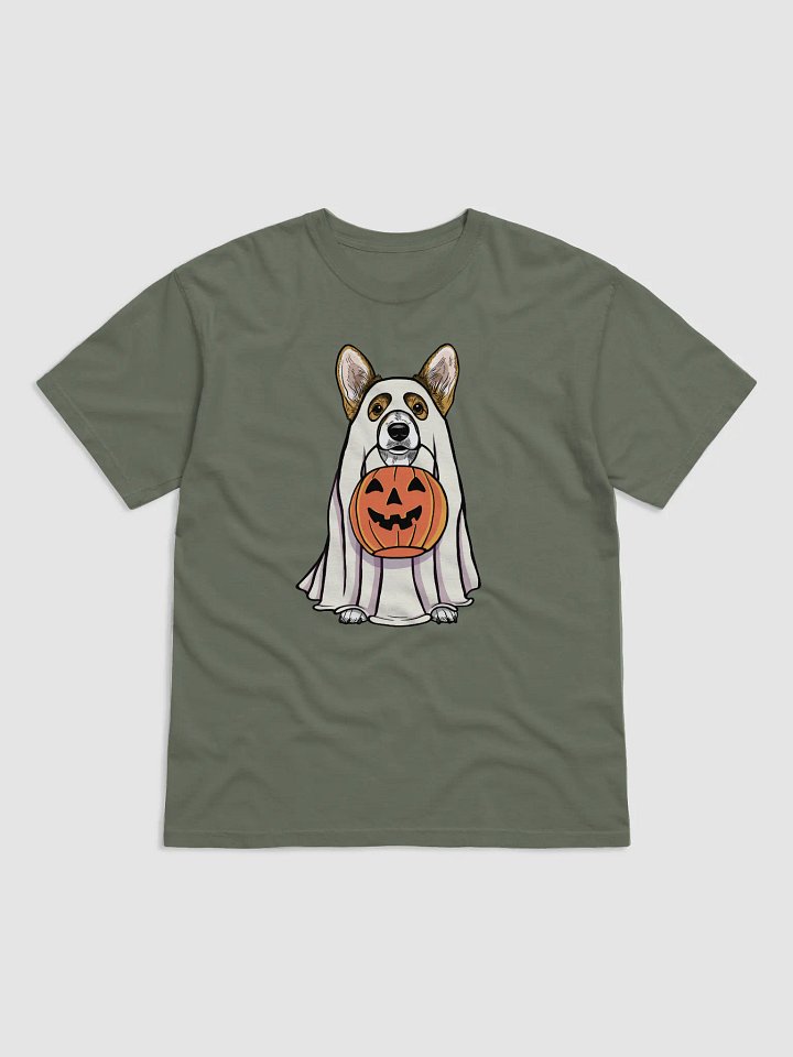 Funny Halloween Pembroke Welsh Corgi(Sable) T-Shirt | Funny Corgi Wearing a Ghost Costume and Holding a Pumpkin Basket product image (1)