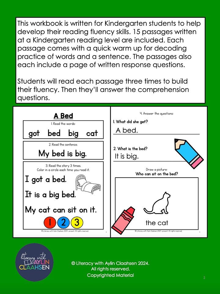 Kindergarten Fluency Passages with Comprehension Questions Workbook product image (2)