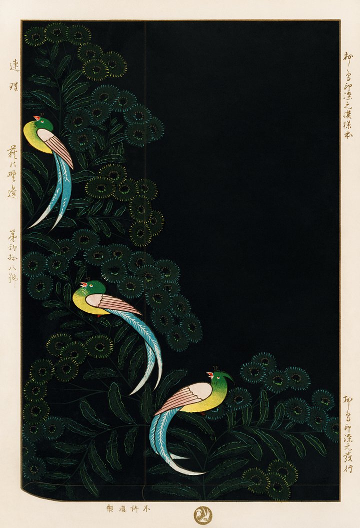 Vintage Art Download - Traditional lithograph of kimono design, three colorful birds with black background product image (1)