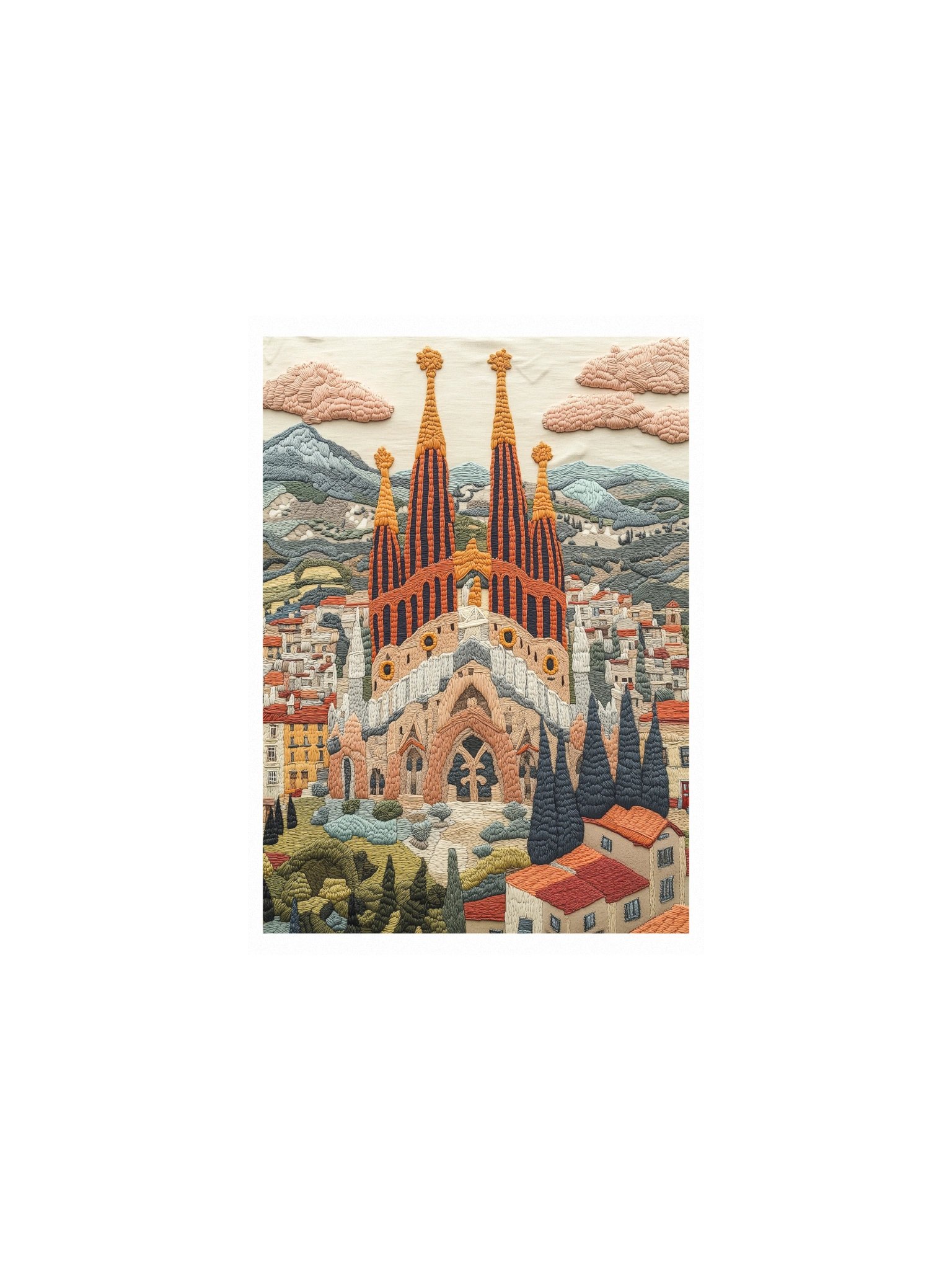 Barcelona in Memory | Embroidery-Style Wall Art — Unframed Print product image (1)