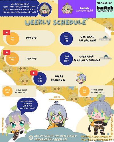 Weekly Schedule:

▶️New YT Shorts M/W/F edited by @/fuoco34.bsky.social

Mon/Wed: No Streams.
Tue: Warframe: The New War.
Thu...