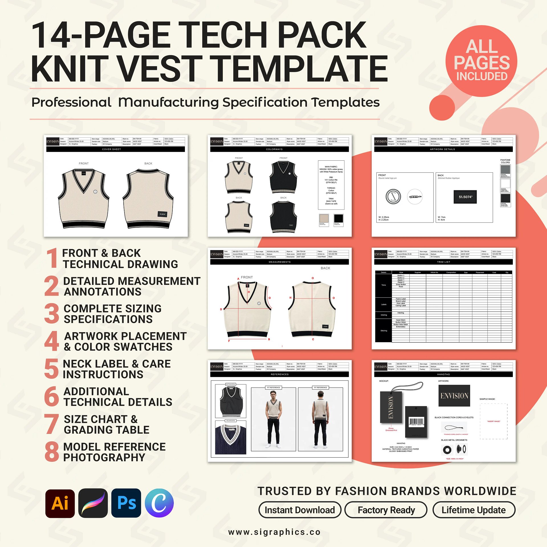 V-Neck Knit Sweater Vest Tech Pack Template product image (3)