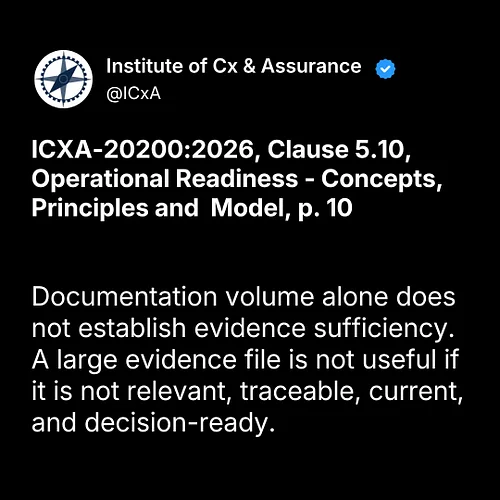 ICXA-20200:2026, Clause 5.10, Operational Readiness - Concepts, Principles and  Model, p. 10

Documentation volume alone does...