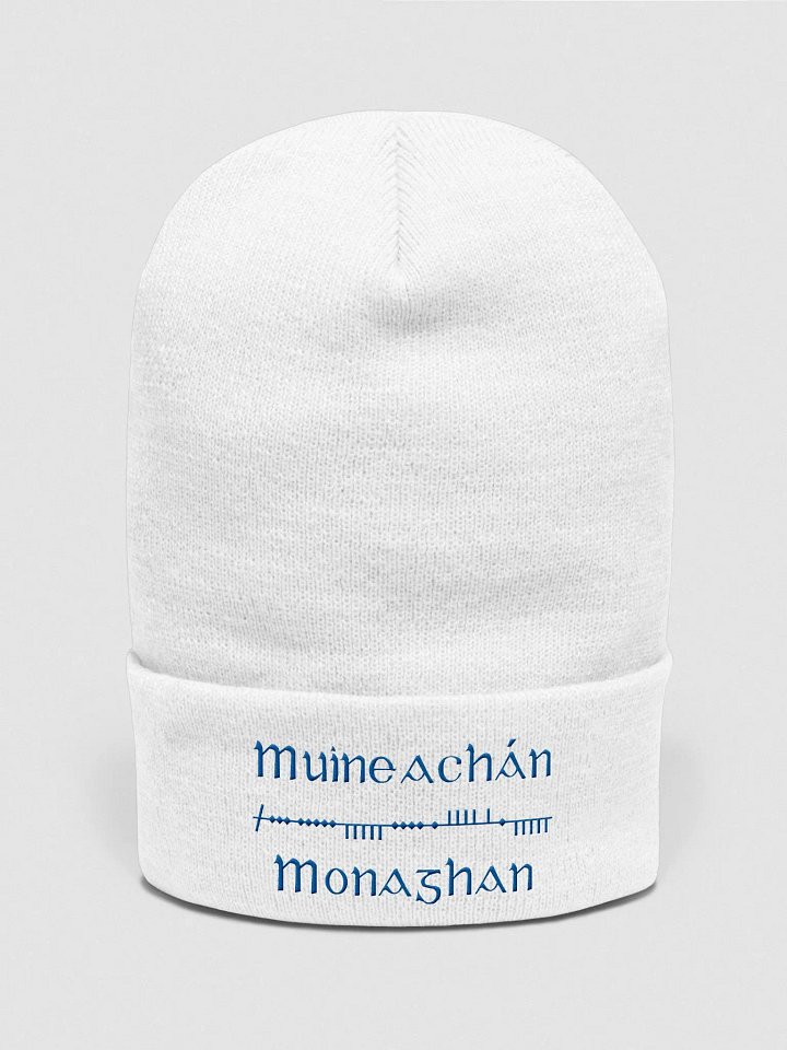 Monaghan/Muineachán Scholastic Ogham, white with blue, embroidered Cuffed Beanie product image (1)