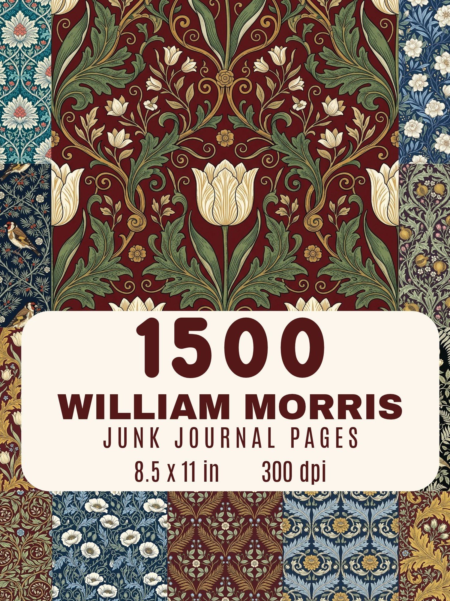 1500 William Morris Junk Journal Pages, Vintage Floral Digital Paper Bundle, Printable Scrapbook Ephemera, Art Nouveau Collage Kit, Download product image (1)