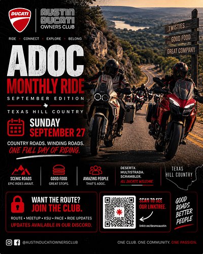 🏍️ ADOC MONTHLY RIDE — SEPTEMBER

The city ends. The good roads begin.

This month, we’re heading deep into the Texas Hill Co...