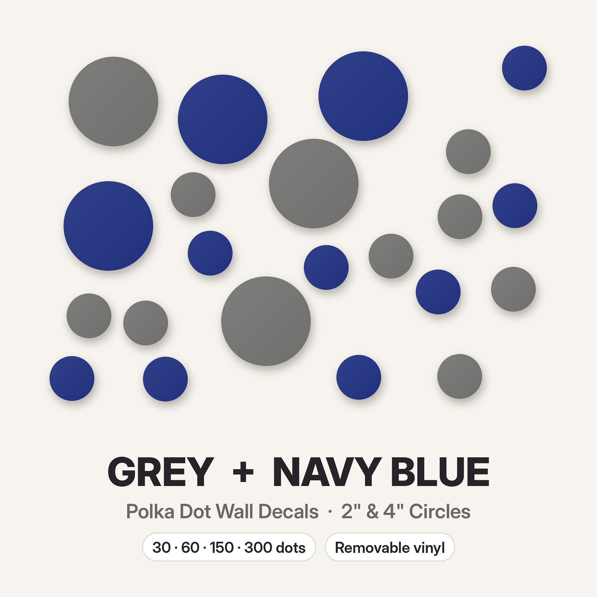 Grey and Navy Blue Polka Dot Wall Decals, 2" and 4" Vinyl Circle Stickers, Removable Dot Decals for Nursery, Kids Room, Playroom product image (3)