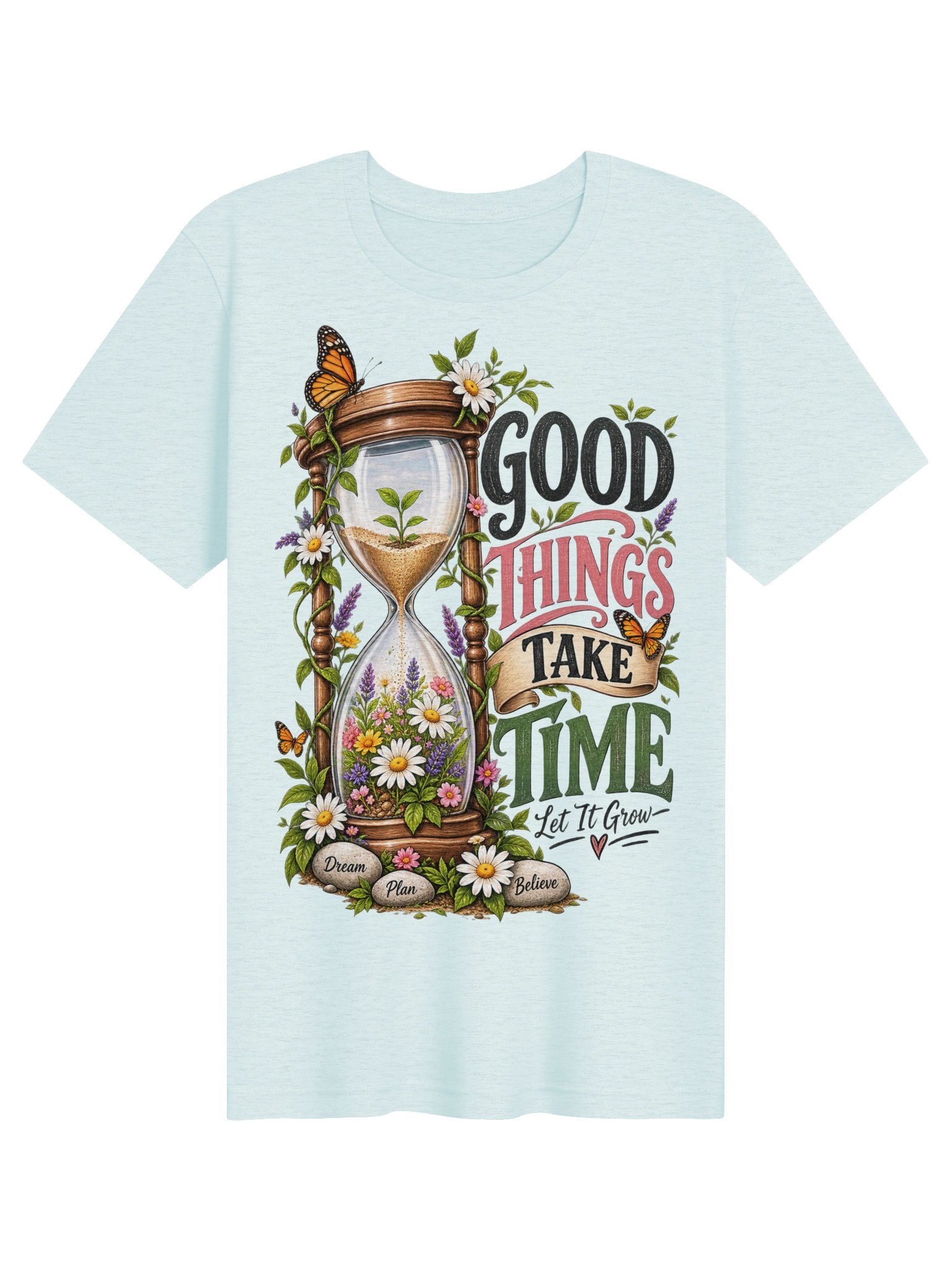 Good Things Take Time T-Shirt | Floral Hourglass Motivational Tee | Let It Grow Positive Mindset Shirt for Women product image (11)