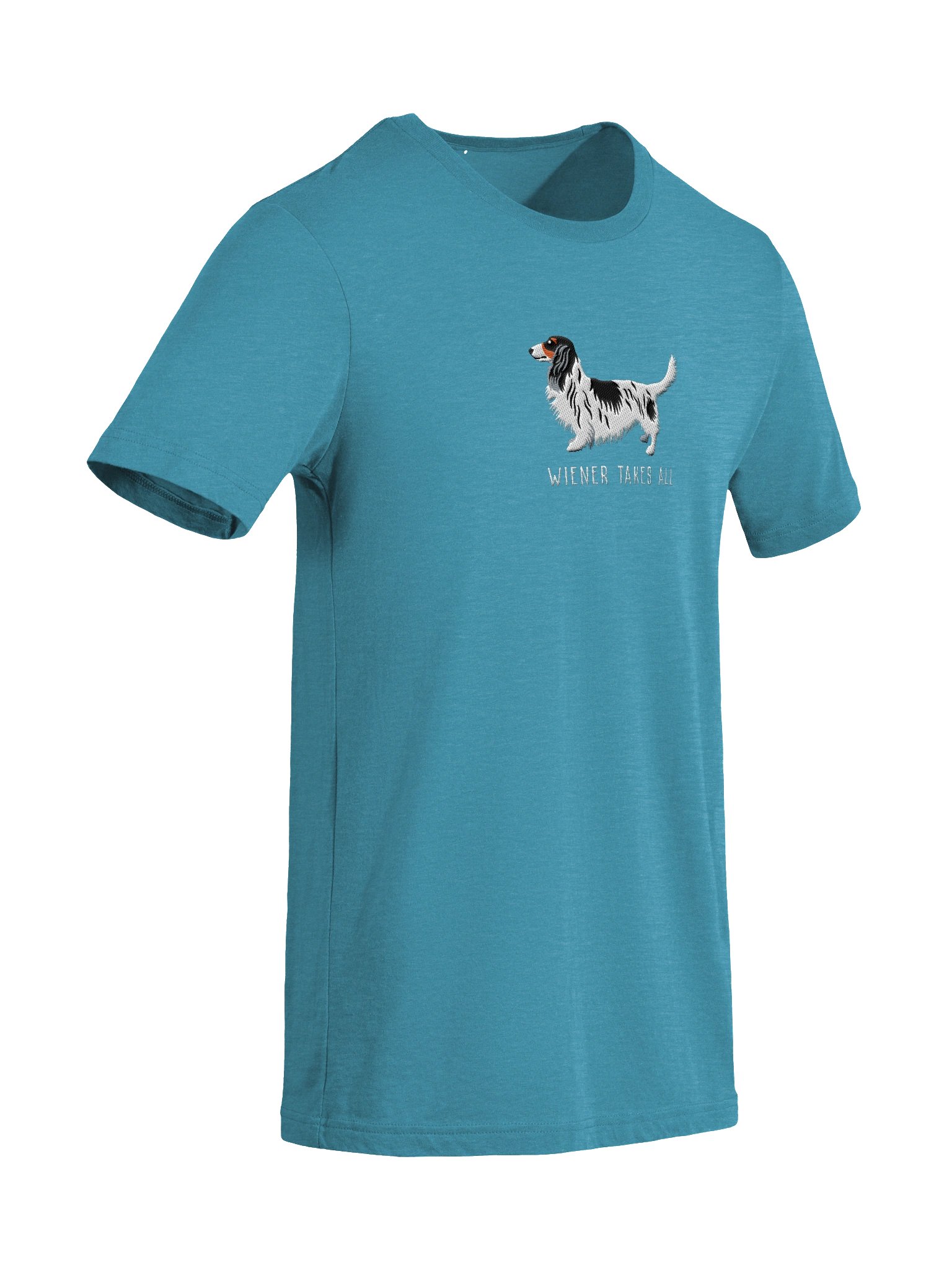 Wiener Takes All T-Shirt(Embroidered) of a Longhaired Dachshund(Pied Black & White) product image (69)