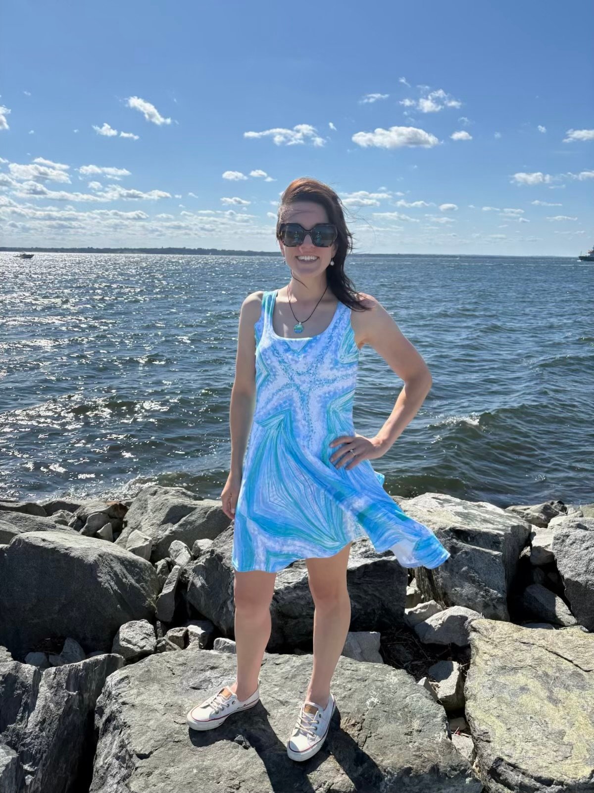 Bright Cyan Starfish Skater Dress | Ocean-Inspired Sleeveless Fit & Flare Dress | Monique Faella Designs™ product image (3)
