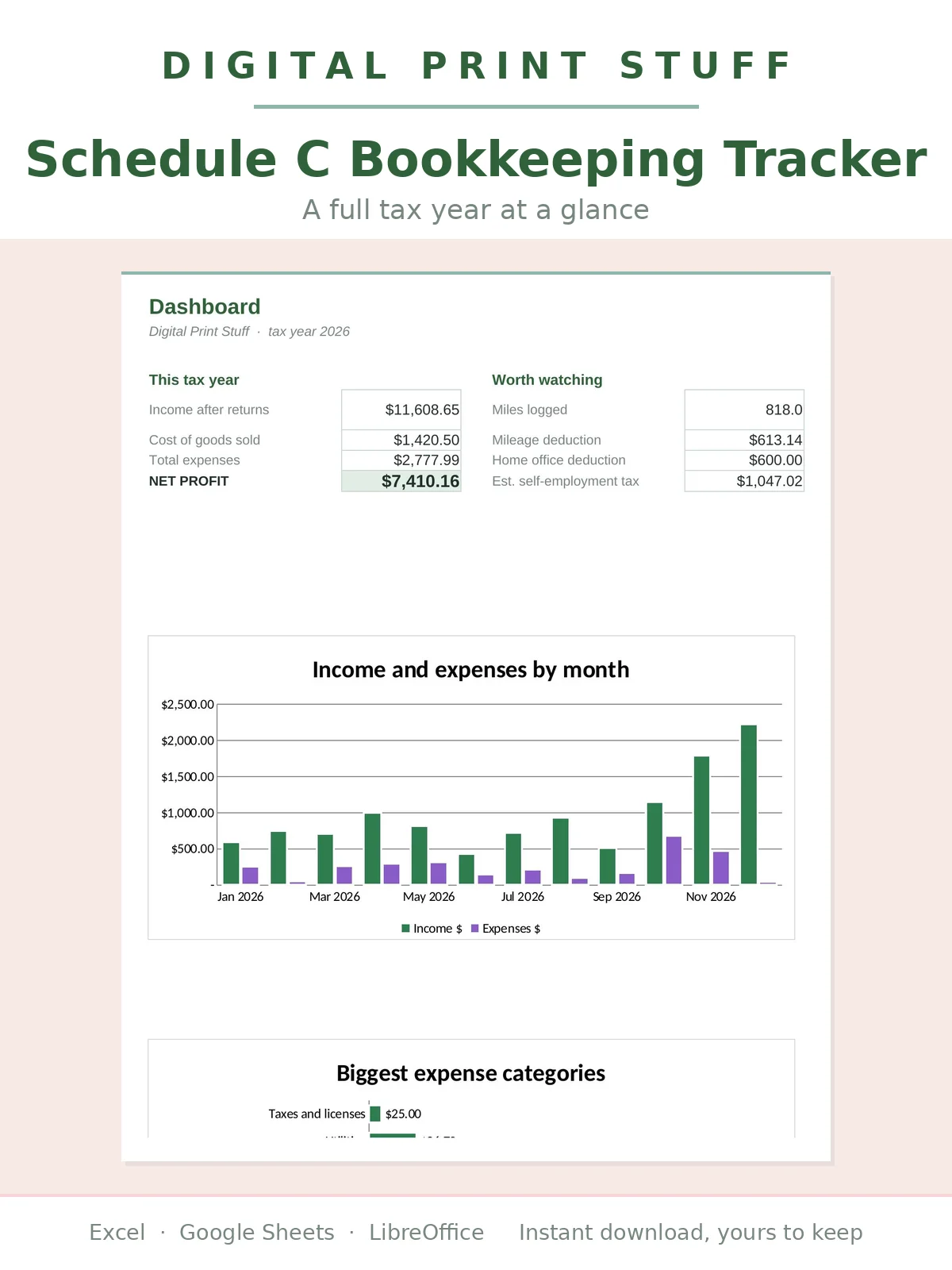 Schedule C Bookkeeping Spreadsheet | Small Business Tax Tracker | Income Expenses & Mileage Log | Excel Google Sheets product image (1)