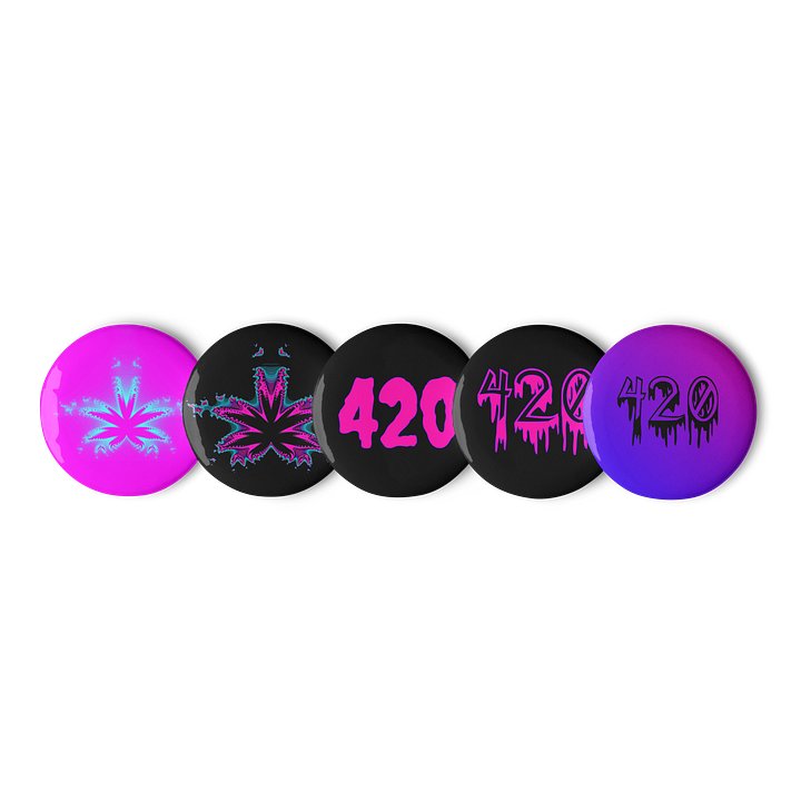 Happy 420 Hot Pink Black Pin Buttons, Stoner Horror Lover Set of Pins, Cannabis Leaf Creepy Dripping Weed Art product image (2)