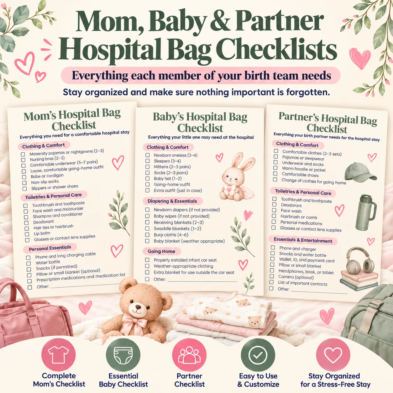 Hospital Bag Checklist Printable | Birth Preparation Planner | 15-Page Mom, Baby & Partner Packing Kit product image (3)