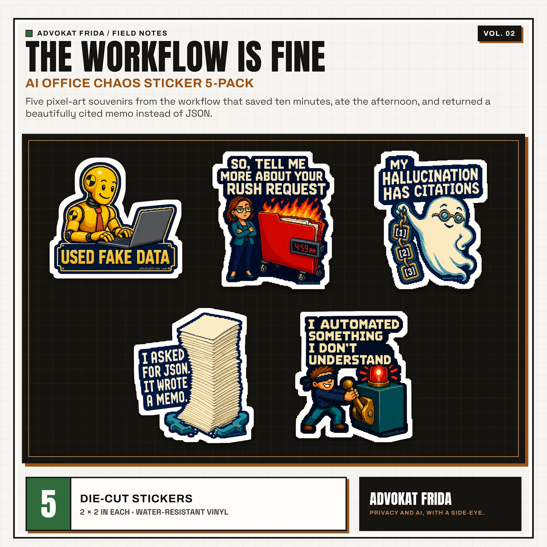 The Workflow Is Fine: AI Office Chaos | 2-Inch Die-Cut Sticker 5-Pack product image (1)