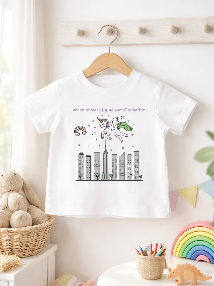 “Vegan Unicorn Flying Over Manhattan” White T-Shirt for Kids product image (1)