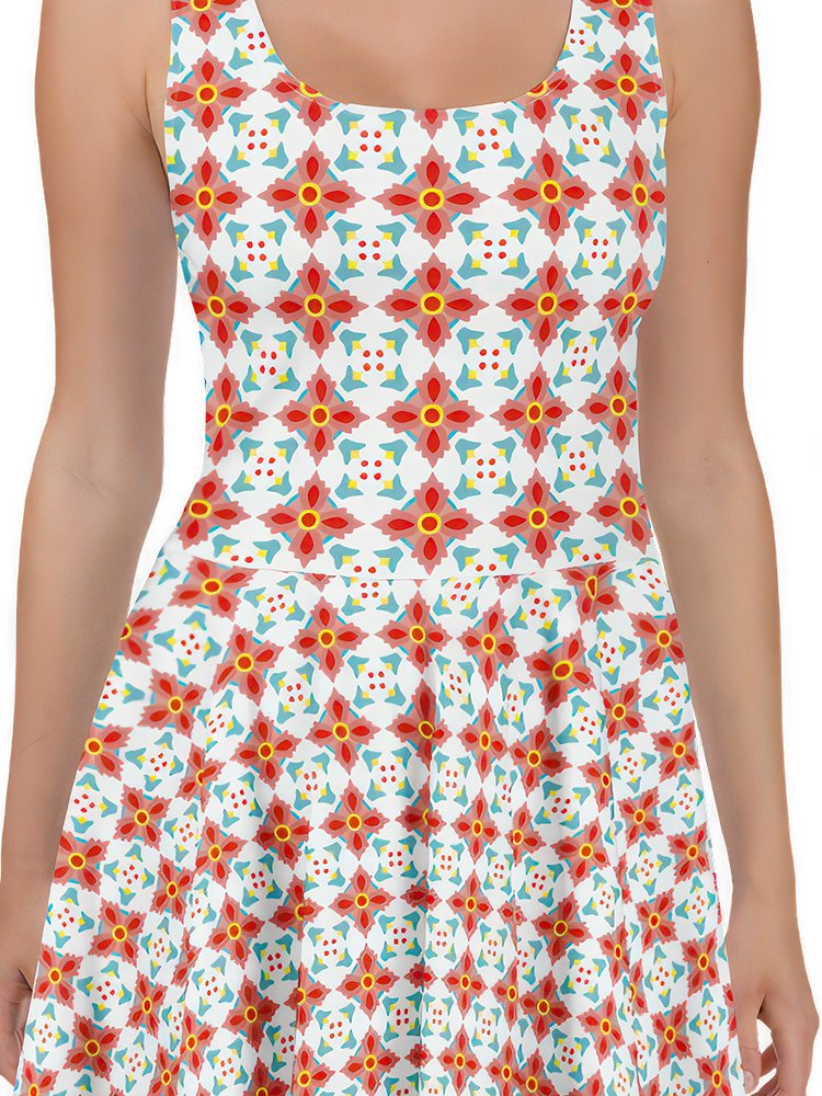 Retro Red Yellow & Cyan Floral Dress product image (2)