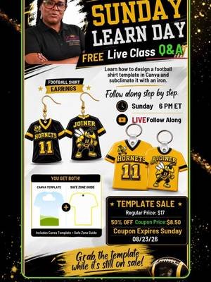 🏈 SUNDAY LEARN DAY — FREE LIVE CLASS! Want to learn how to customize your Football Jersey Earring Template in Canva and turn it into a finished sublimation project? Join me this Sunday at 6 PM Eastern for a FREE online live class where I’ll walk you through the process step-by-step. We’ll cover: • Customizing your football jersey template in Canva • Adding names, numbers, colors and graphics • Using the Safe Zone Guide • Preparing your design for sublimation • Sublimating your MDF jersey earrings • Basic assembly tips Registration is FREE, but you must register to receive the class access information. 👇Link in Bio for Exotic Party Creations If you already grabbed the template, get it ready so you can follow along with me during class! #SundayLearnDay #FootballEarrings #CanvaTutorial #SublimationEarrings #exoticpartycreations 