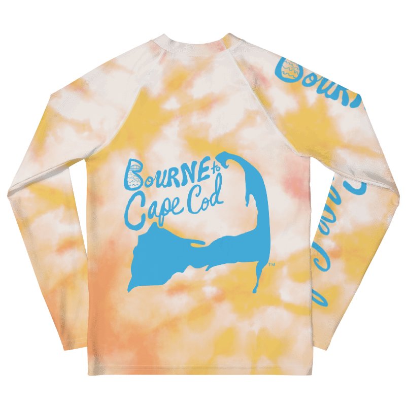 YOUTH | Rash Guard | BRN.2C.C.™ Front Graphic | BOURNE to Cape Cod™ Sleeve & Back Logo | Coastal Swim Shirt for Kids | UV Protection Activewear | Blue Logo on Orange Tie-Dye product image (9)