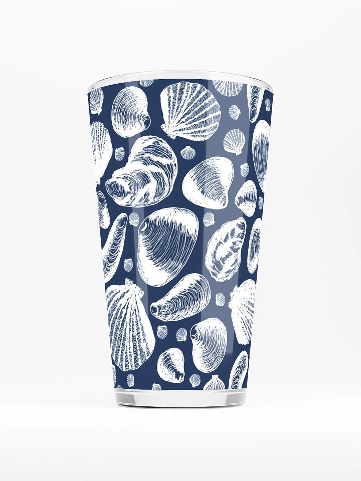 New England Tidal Treasures | | White on Dark Blue | Coastal Shell Repeat | Shaker Pint Glass by Monique Faella Designs™ Shell Yeah, It’s Sip Time 🐚🍺🌊 product image (1)