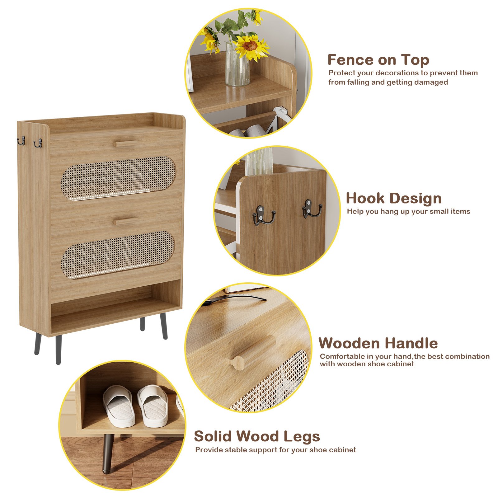 Shoe Cabinet with Natural Rattan Flip Drawers for Entryway Free Standing Slim Shoe Storage Organizer with 2 Flip Drawers Natural product image (6)