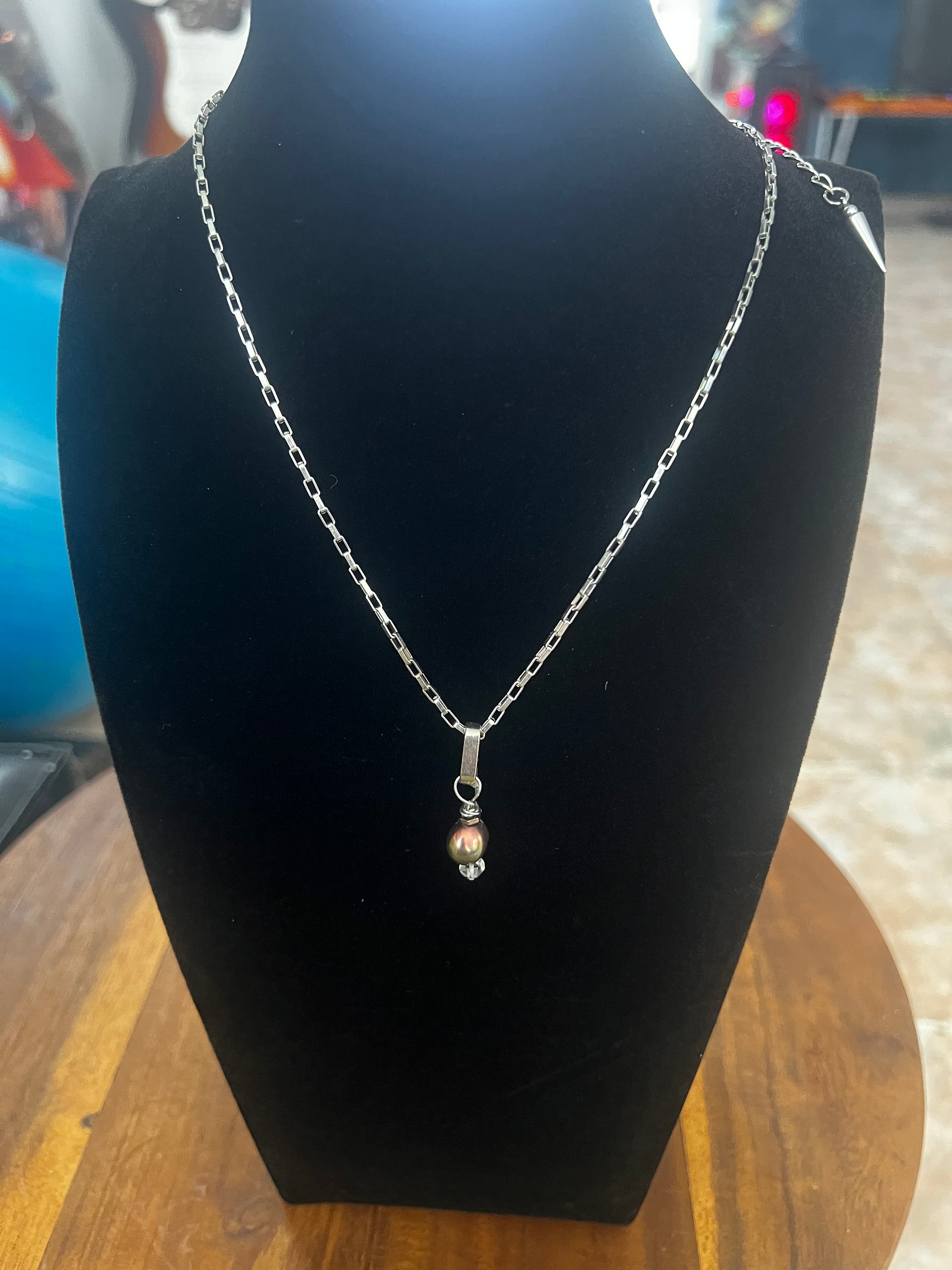 Tiny iridescent Peacock Pearl, Herkimer and Pyrite Necklace product image (1)