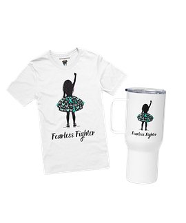 Ovarian Cancer - Fearless Fighter White T-Shirt & 40 oz Travel Mug Bundle