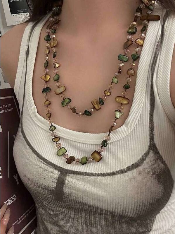 New Product1pc Vintage Necklace, Bohemian Style Colorful Shell Beaded Double Layer Necklace, Retro Luxurious Holiday Long Necklace, Stackable, Assorted Gemstone And Pearl Colors And Shapes product image (1)