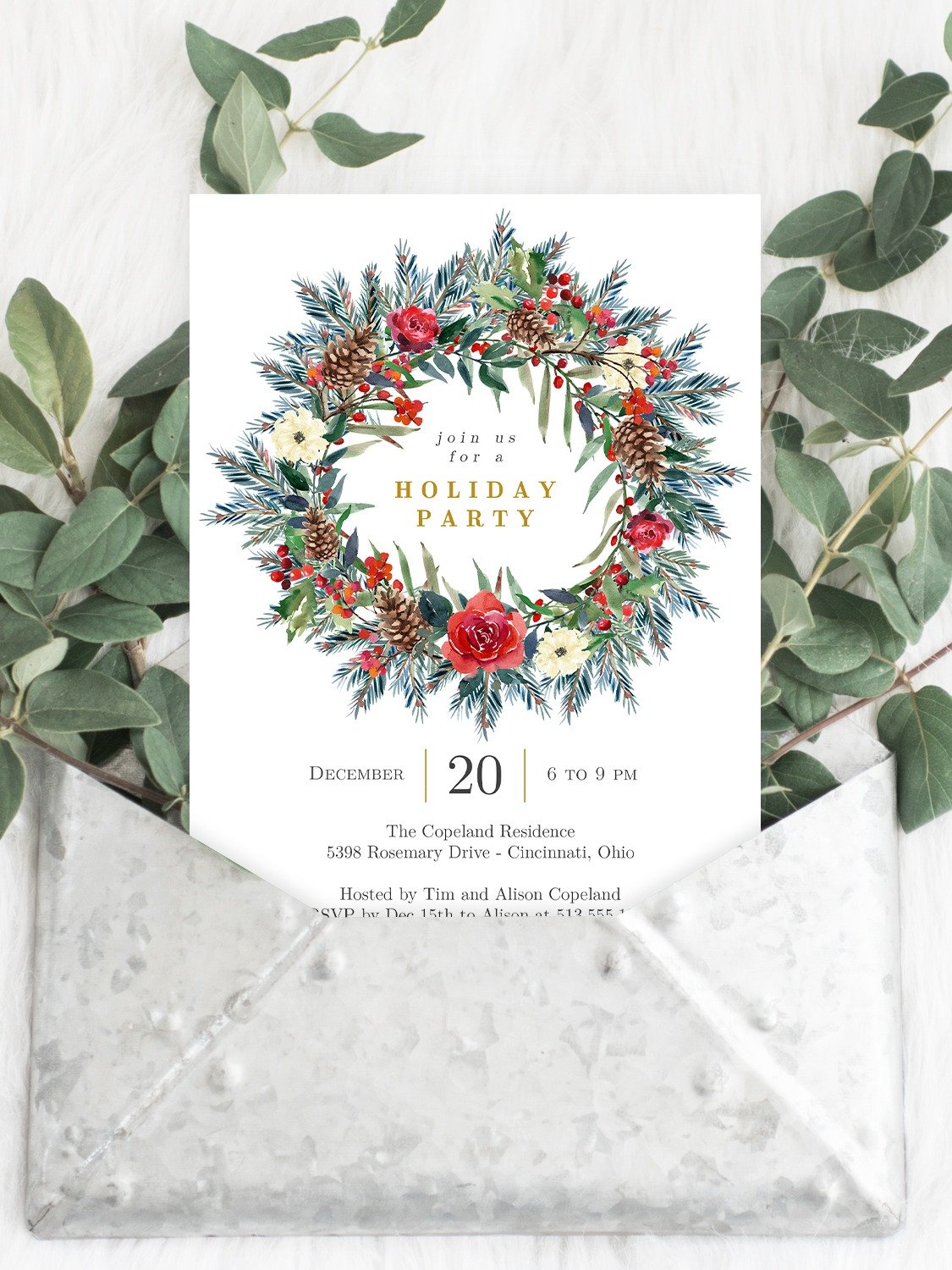 Festive Wreath Holiday Party Invitation Canva Template FWC product image (2)