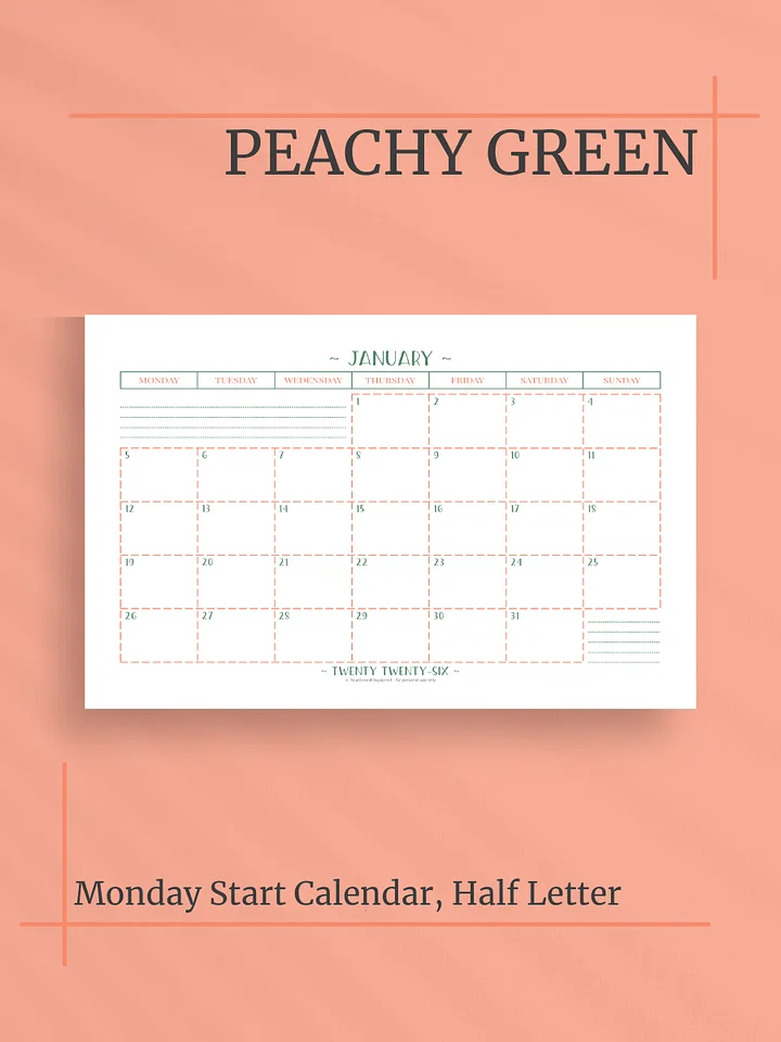 Peachy Green 2026 Calendar - Single Page per Month, Monday Start, Half Letter Size product image (1)