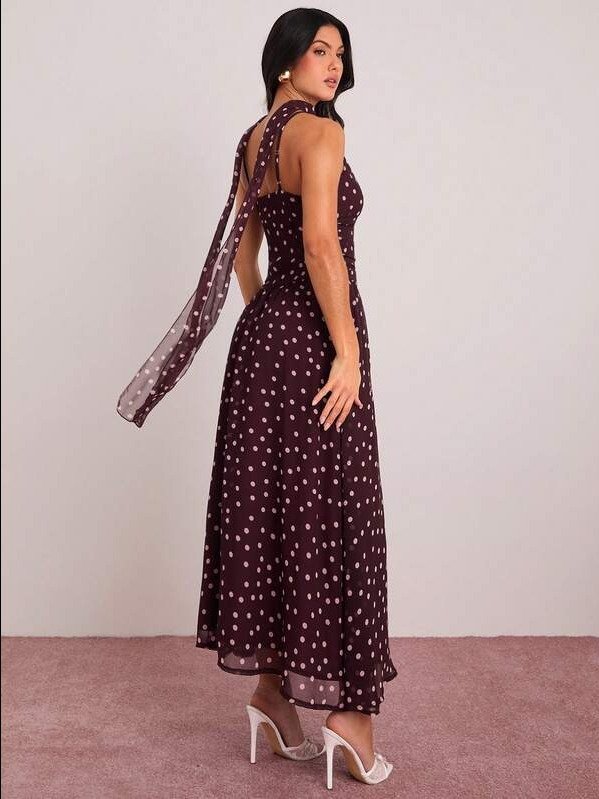 ADLEST Summer Romantic Women's Brown Polka Dot Print Sleeveless Dress With Neck Ribbon,Festival Outfits product image (2)