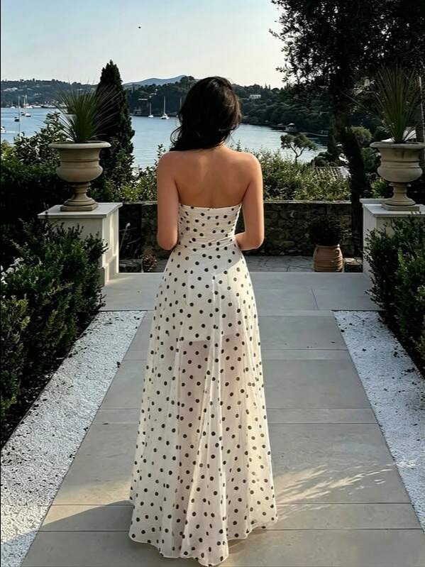 White Polka Dot Strapless Mermaid Long Dress | ADLEST product image (2)