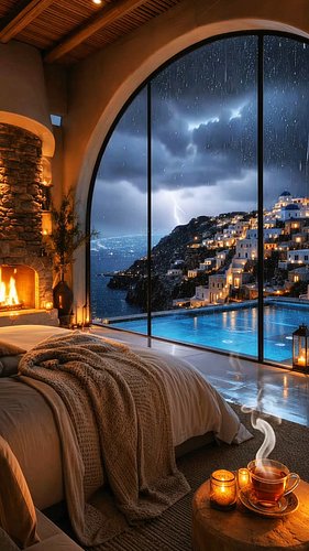 Heavy rain sounds for sleep in a luxury Santorini cliff villa with cozy fireplace ambience, relaxing rain ASMR, peaceful sea ...