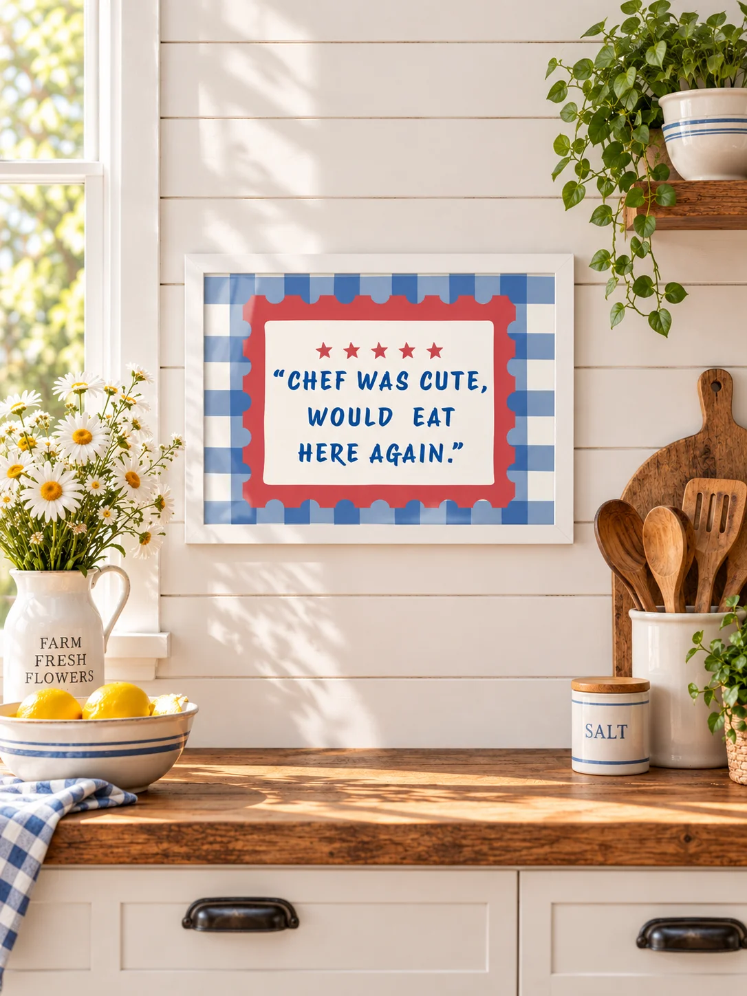 Chef Was Cute Printable Kitchen Wall Art | Funny Restaurant Review Quote | Retro Gingham Poster | Blue Red Dining Decor | Digital Download product image (6)